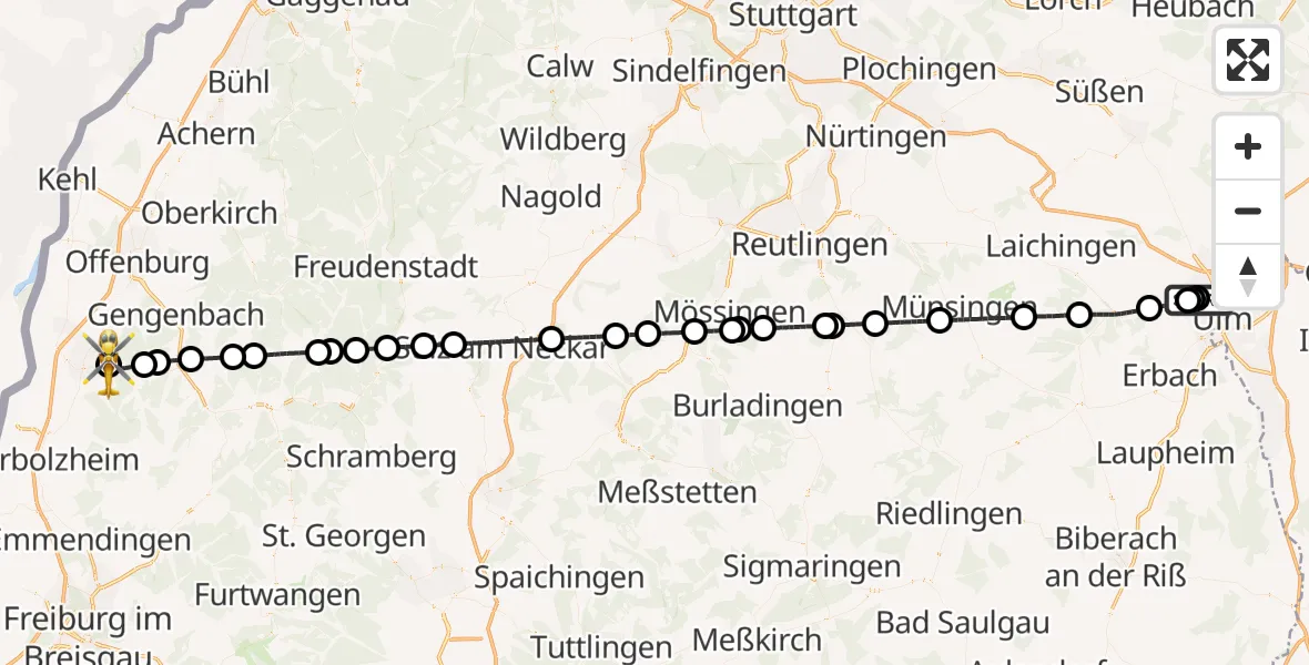 Flugroute Rettungshubschrauber Ulm Military Hospital Emergency - Ortenau Hospital Lahr-Ettenheim Hubschrauberlandeplatz, 05 Juli 2026, 07:46