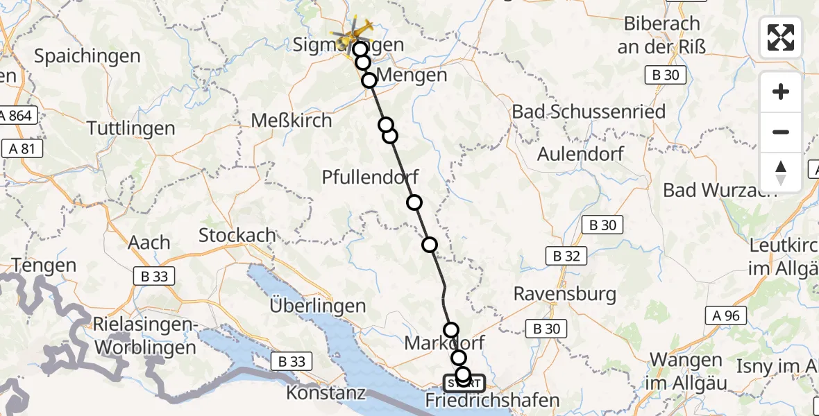 Flugroute Rettungshubschrauber Friedrichshafen Hospital - Sigmaringen, 05 Juli 2026, 07:57