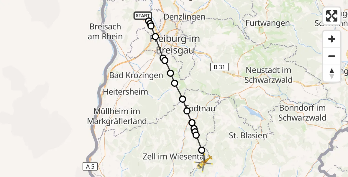 Flugroute Rettungshubschrauber Bötzingen - Schopfheim, 05 Juli 2026, 08:01