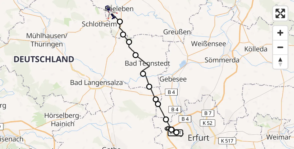 Flugroute Polizeihubschrauber Erfurt - Ebeleben, 05 Juli 2026, 08:02
