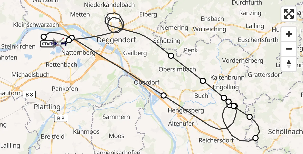 Flugroute Polizeihubschrauber Deggendorf Flugplatz - Stephansposching, 05 Juli 2026, 08:03