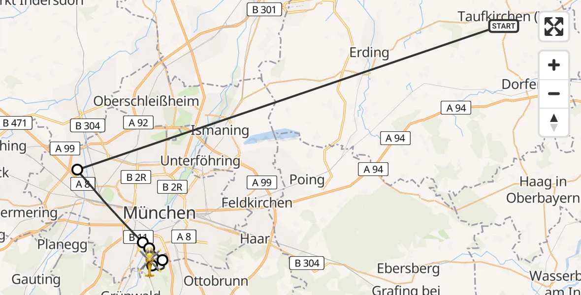 Flugroute Rettungshubschrauber Taufkirchen (Vils) - ADAC Air Rescue Center Hubschrauberlandeplatz (Christoph 1), 05 Juli 2026, 08:14