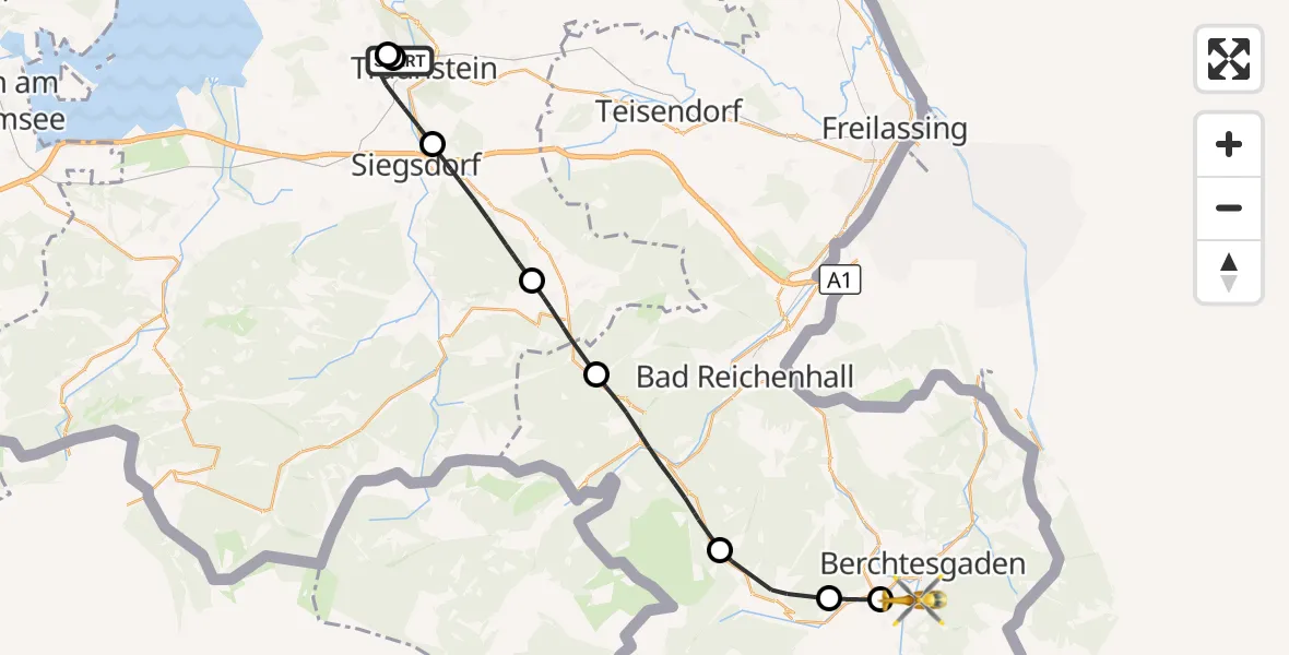 Flugroute Rettungshubschrauber Traunstein Hospital - Schönau a.Königssee, 05 Juli 2026, 08:23