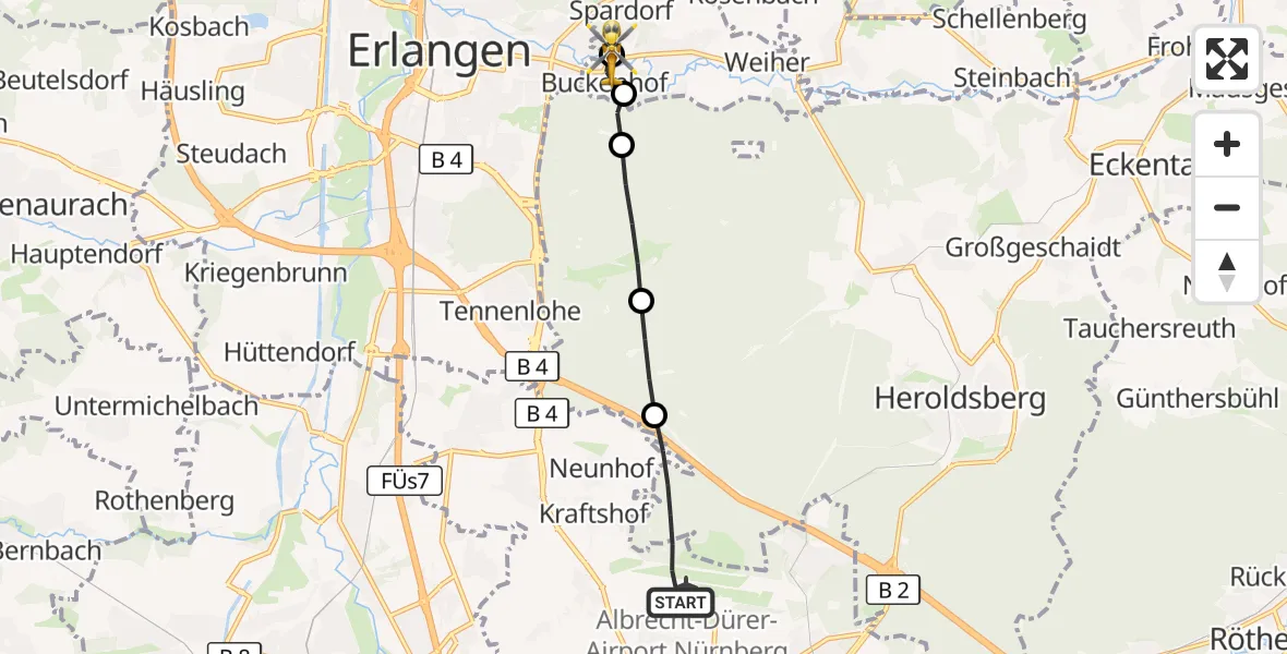 Flugroute Ambulanzhubschrauber Flughafen Nuremberg - Erlangen, 05 Juli 2026, 08:24