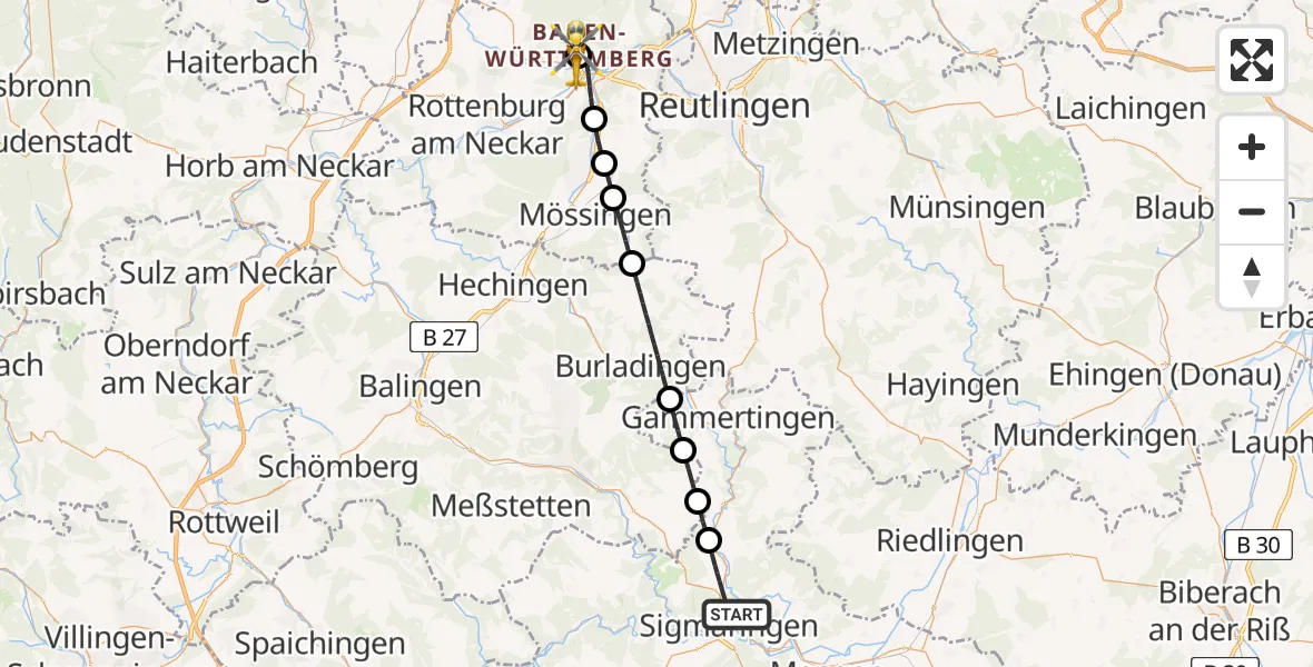 Flugroute Rettungshubschrauber Sigmaringen - Tübingen University Hospital, 05 Juli 2026, 08:40