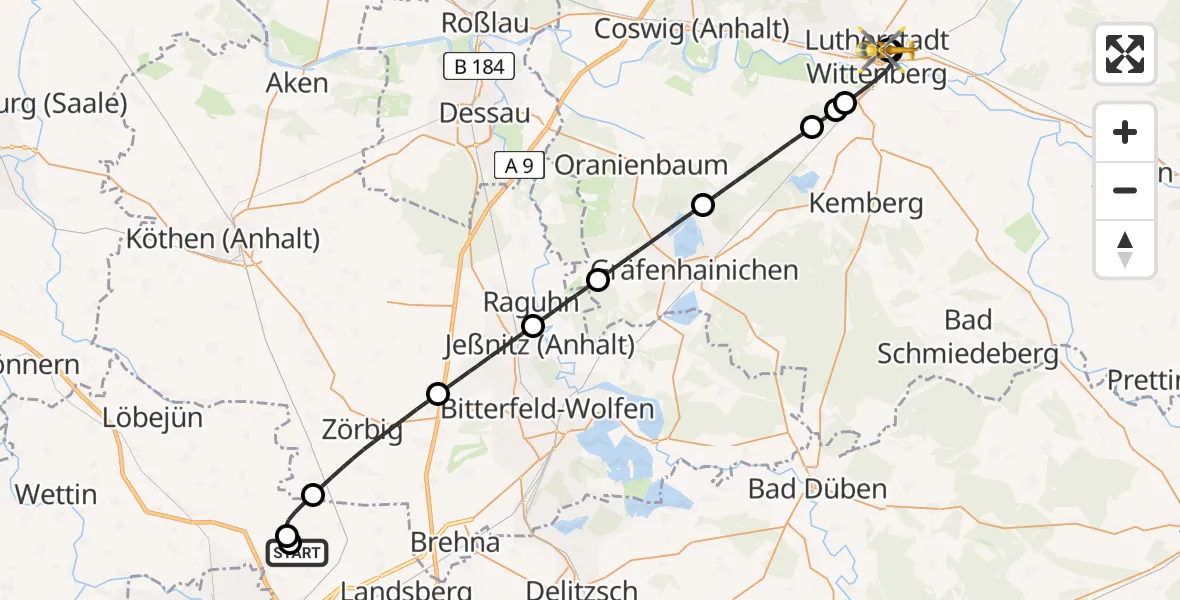 Flugroute Rettungshubschrauber Halle-Oppin Flugplatz - Paul-Gerhardt-Stift Evangelical Hospital, 05 Juli 2026, 08:41