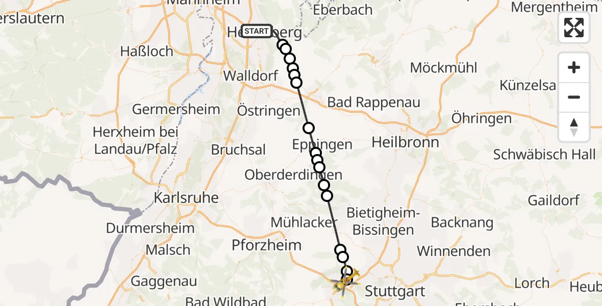 Flugroute Rettungshubschrauber Heidelberg - Leonberg Hospital, 05 Juli 2026, 08:43