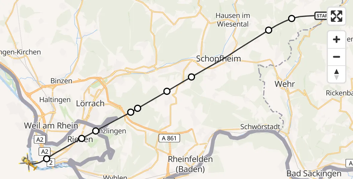Flugroute Rettungshubschrauber Schopfheim - Messe Basel Emergency Heliport, 05 Juli 2026, 08:47