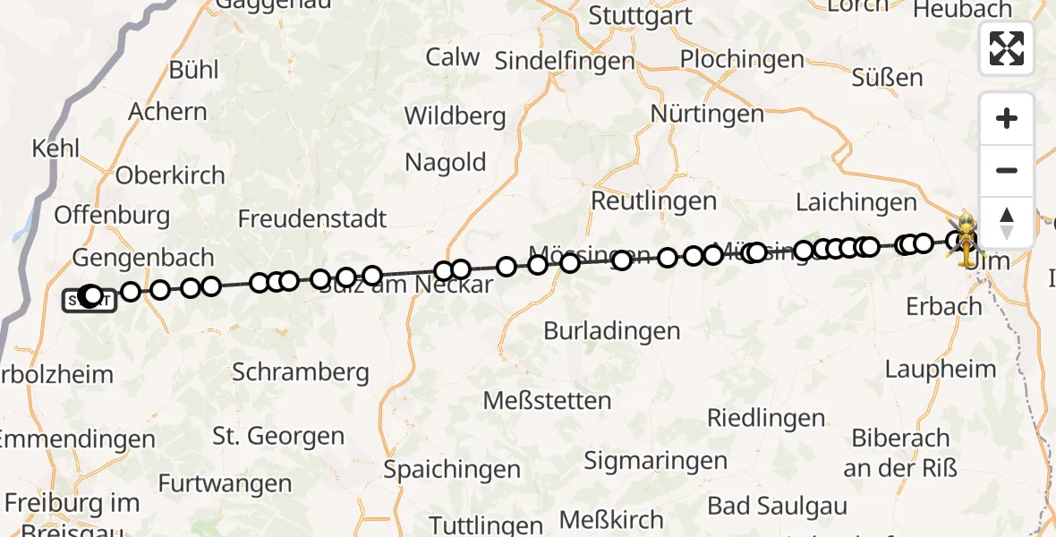 Flugroute Rettungshubschrauber Ortenau Hospital Lahr-Ettenheim - ADAC Air Rescue Station Ulm (Christoph 22), 05 Juli 2026, 08:55