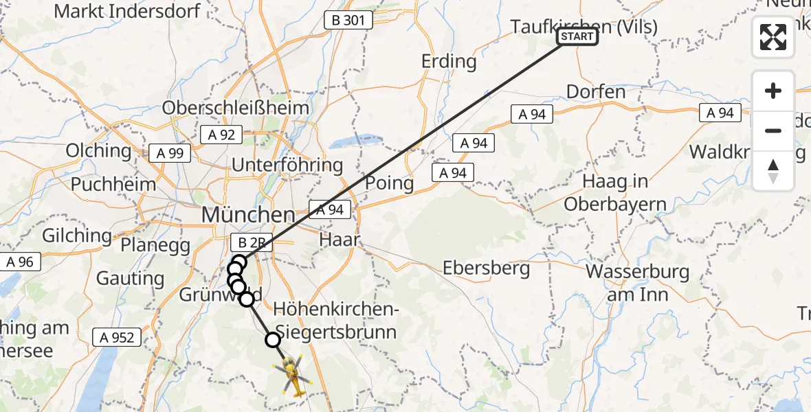 Flugroute Rettungshubschrauber Taufkirchen (Vils) - Sauerlach, 05 Juli 2026, 08:59