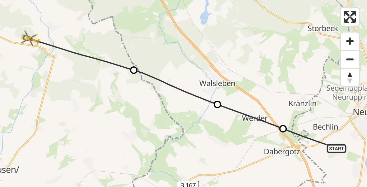 Flugroute Rettungshubschrauber Neuruppin - Wusterhausen/Dosse, 05 Juli 2026, 09:00
