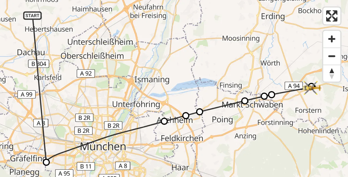 Flugroute Rettungshubschrauber Röhrmoos - Buch a.Buchrain, 05 Juli 2026, 09:03