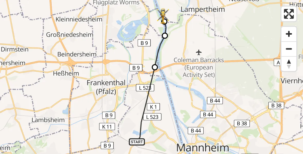 Flugroute Rettungshubschrauber Ludwigshafen am Rhein - Lampertheim, 05 Juli 2026, 09:03