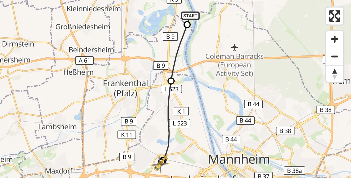 Flugroute Rettungshubschrauber Bobenheim-Roxheim - Ludwigshafen Accident Hospital, 05 Juli 2026, 09:15