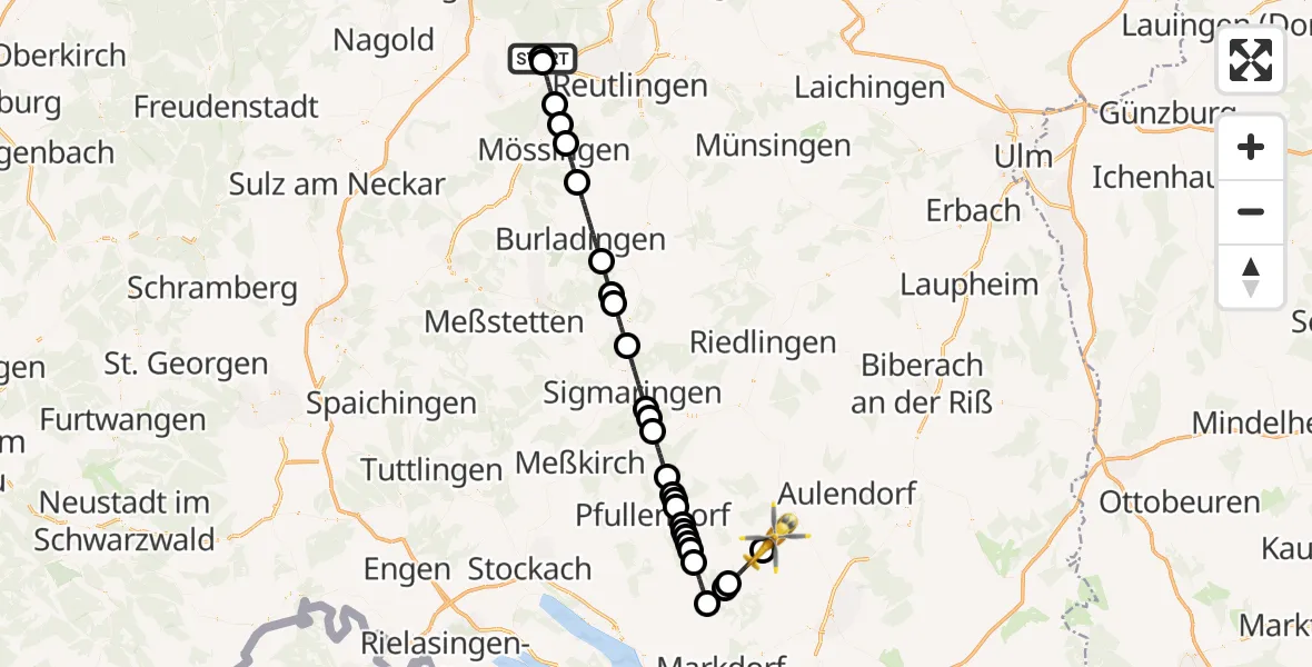 Flugroute Rettungshubschrauber Tübingen University Hospital - Fleischwangen, 05 Juli 2026, 09:16