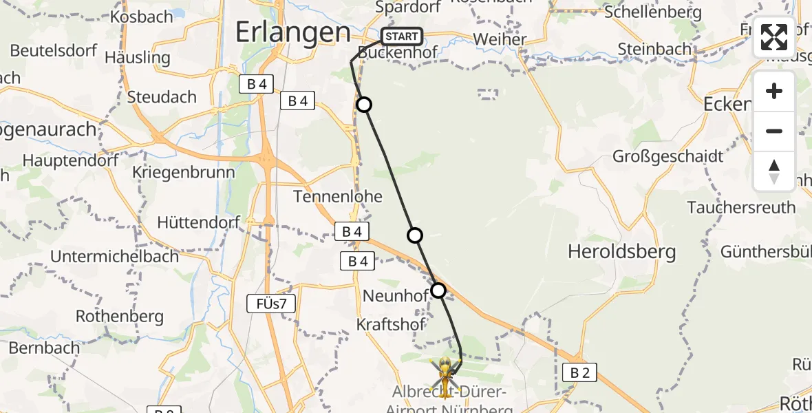 Flugroute Ambulanzhubschrauber Erlangen - Flughafen Nuremberg, 05 Juli 2026, 09:19