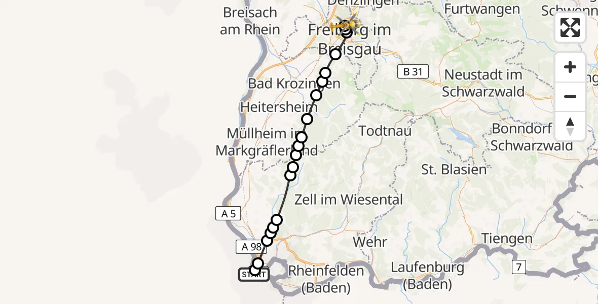Flugroute Rettungshubschrauber Hirzbrunnen - Freiburg im Breisgau Flugplatz, 05 Juli 2026, 09:27