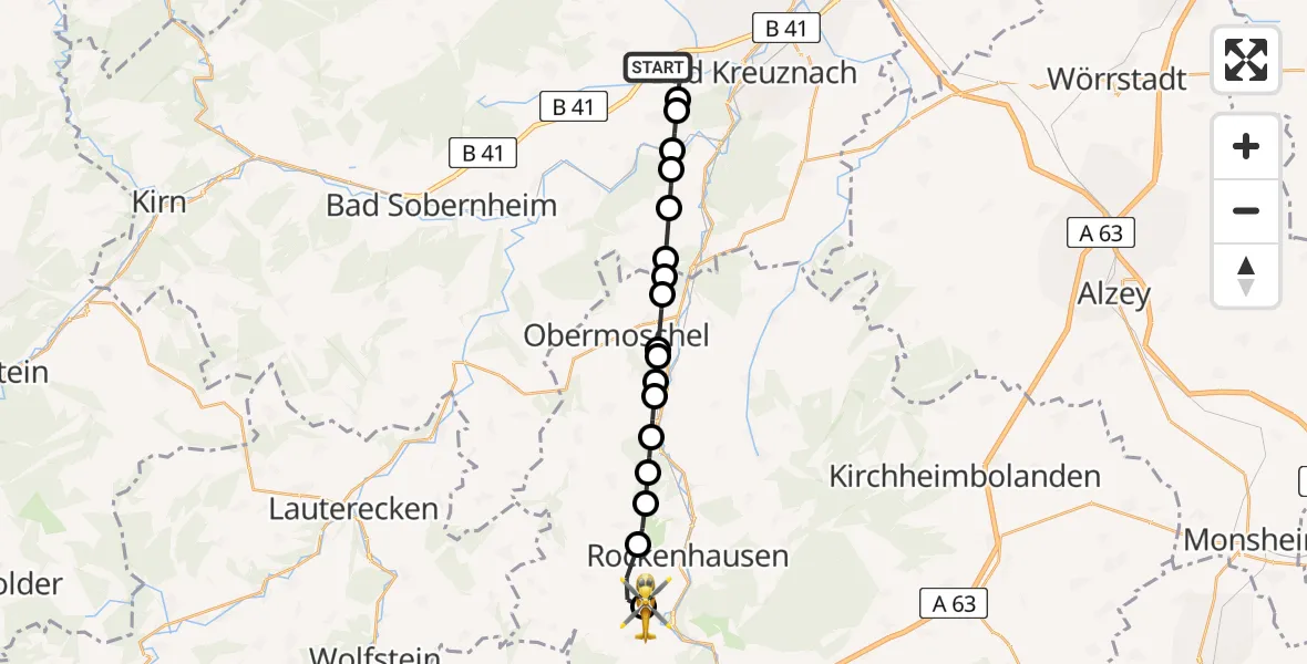 Flugroute Rettungshubschrauber Rüdesheim - Imsweiler UL, 05 Juli 2026, 09:28