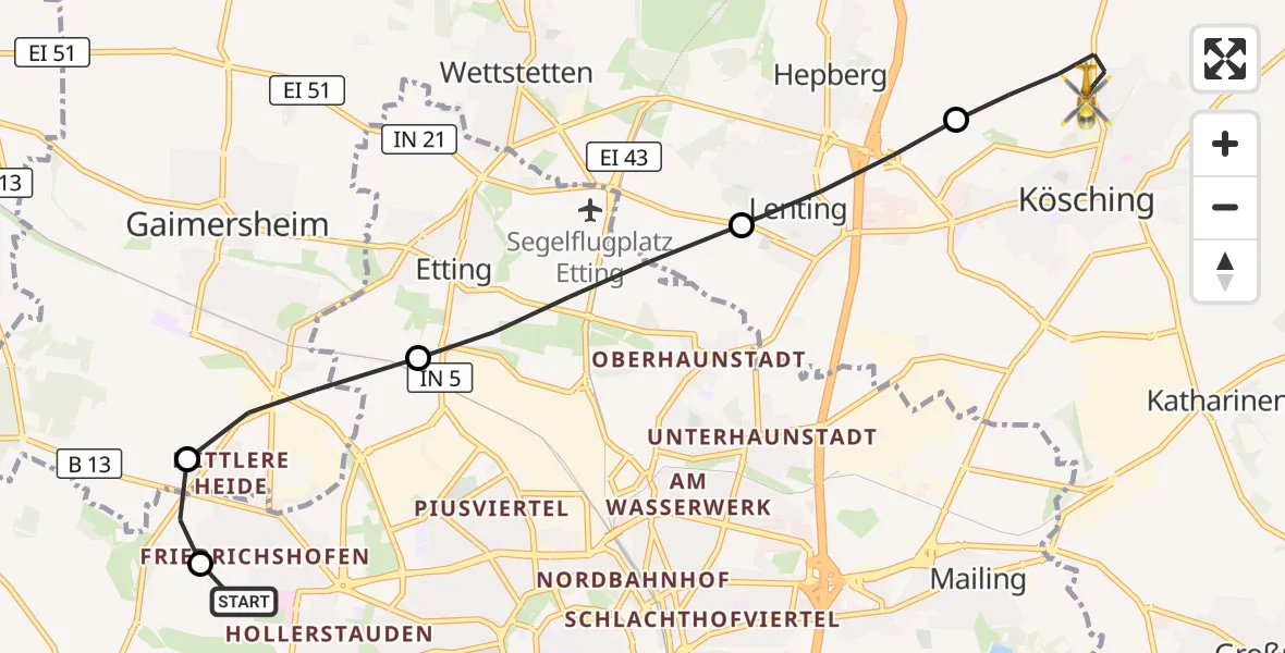 Flugroute Rettungshubschrauber Ingolstadt Hospital - Kösching, 05 Juli 2026, 09:37
