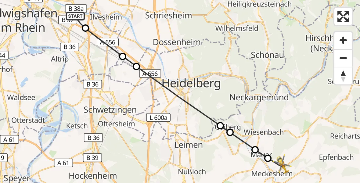 Flugroute Rettungshubschrauber Mannheim-City Flughafen - Meckesheim, 05 Juli 2026, 09:38