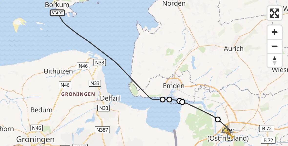 Flugroute Ambulanzhubschrauber Noordzee - Leer (Ostfriesland), 05 Juli 2026, 09:38