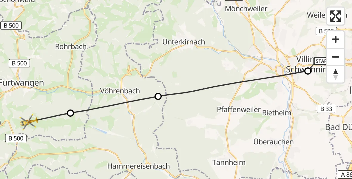 Flugroute Ambulanzhubschrauber DRF Air Rescue Station Villingen-Schwenningen Hubschrauberlandeplatz (Christoph 11) - Furtwangen im Schwarzwald, 05 Juli 2026, 09:41