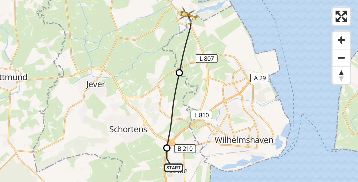 Flugroute Rettungshubschrauber Sande - Wangerland, 05 Juli 2026, 09:41
