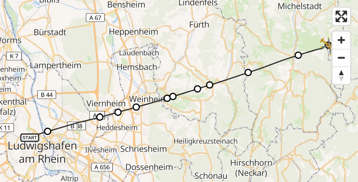 Flugroute Rettungshubschrauber Ludwigshafen am Rhein - Michelstadt, 05 Juli 2026, 09:46