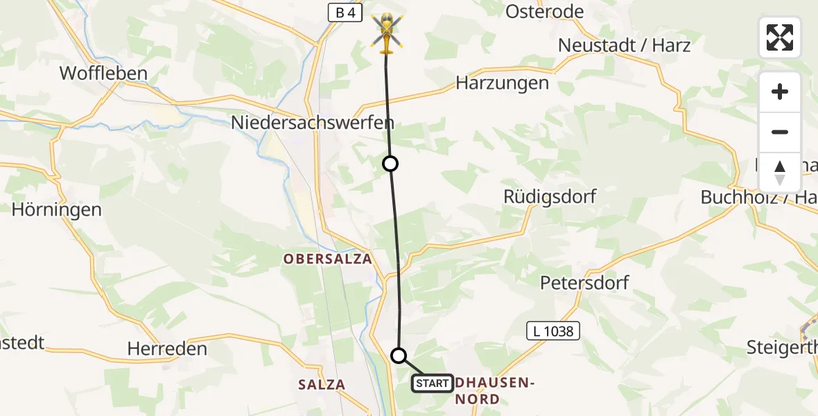 Flugroute Rettungshubschrauber Südharz Hospital Nordhausen - Harztor, 05 Juli 2026, 09:59