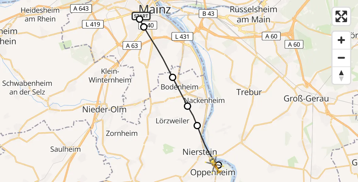 Flugroute Rettungshubschrauber Mainz University Hospital - Oppenheim, 05 Juli 2026, 10:01
