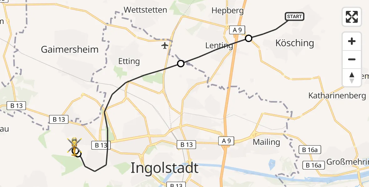 Flugroute Rettungshubschrauber Kösching - Ingolstadt Hospital, 05 Juli 2026, 10:03