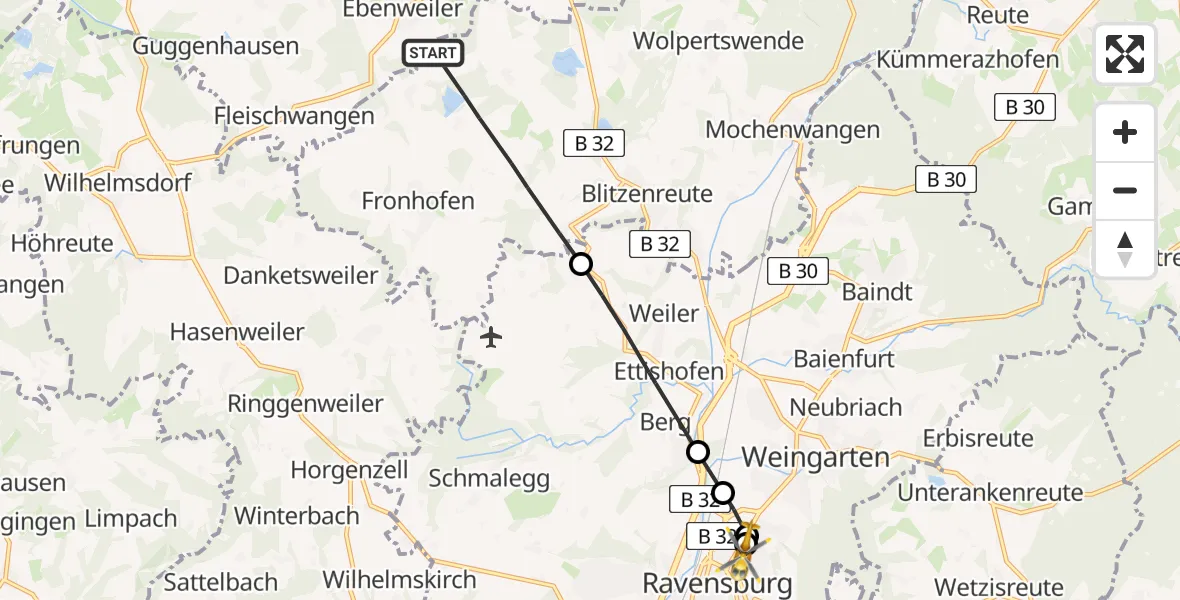 Flugroute Rettungshubschrauber Fronreute - Sankt Elisabeth Hospital, 05 Juli 2026, 10:08