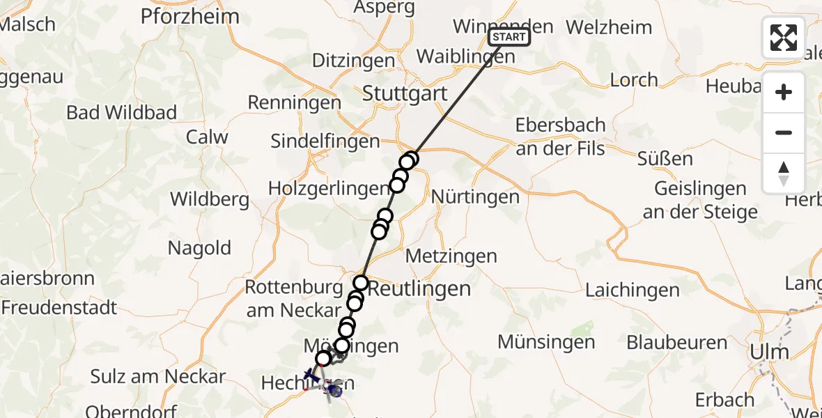 Flugroute Polizeihubschrauber Winnenden - Hechingen, 05 Juli 2026, 10:13