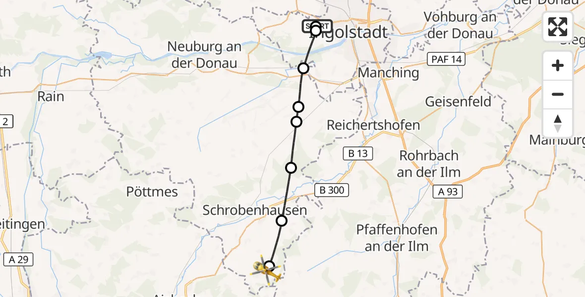 Flugroute Rettungshubschrauber Ingolstadt Hospital - Gachenbach, 05 Juli 2026, 10:16