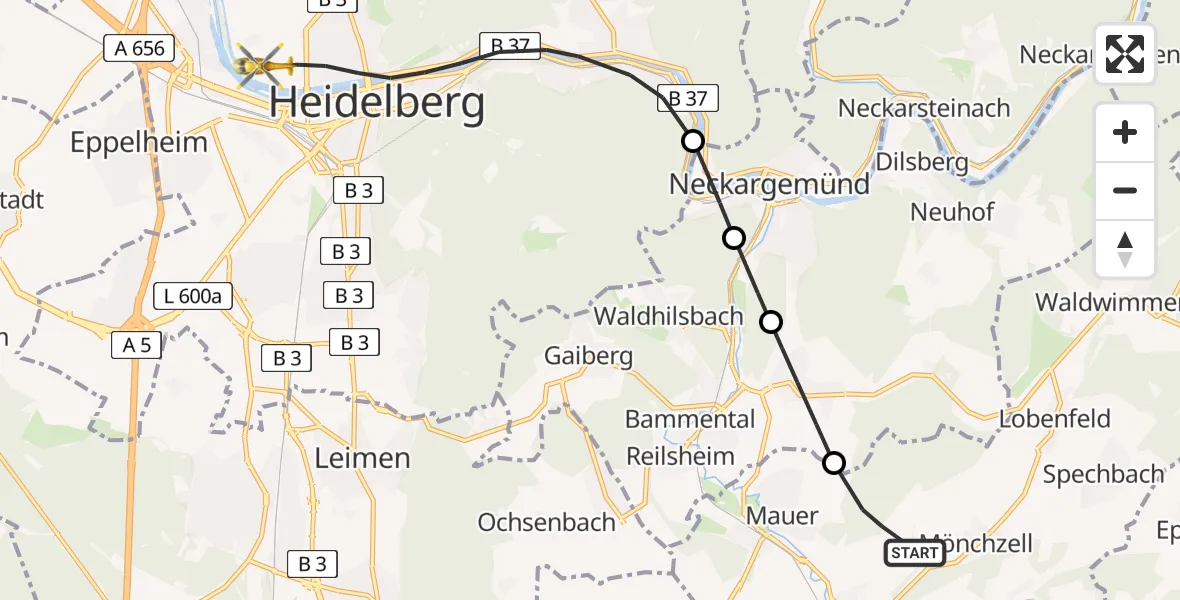Flugroute Rettungshubschrauber Meckesheim - Heidelberg, 05 Juli 2026, 10:22