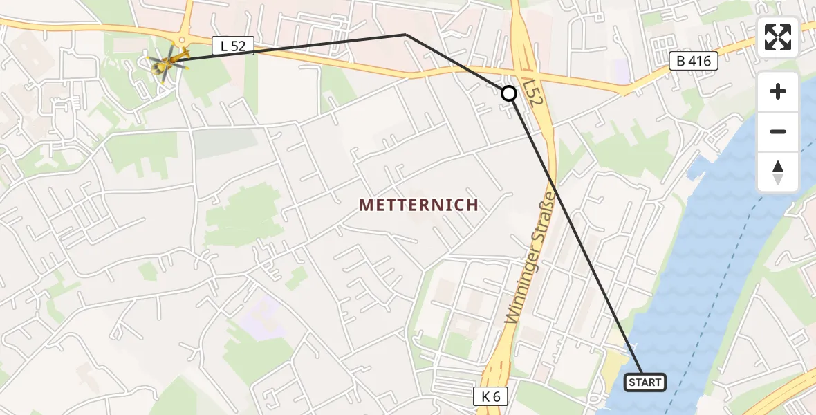 Flugroute Rettungshubschrauber Katholisches Klinikum Marienhof Koblenz Hubschrauberlandeplatz - Koblenz, 05 Juli 2026, 10:22