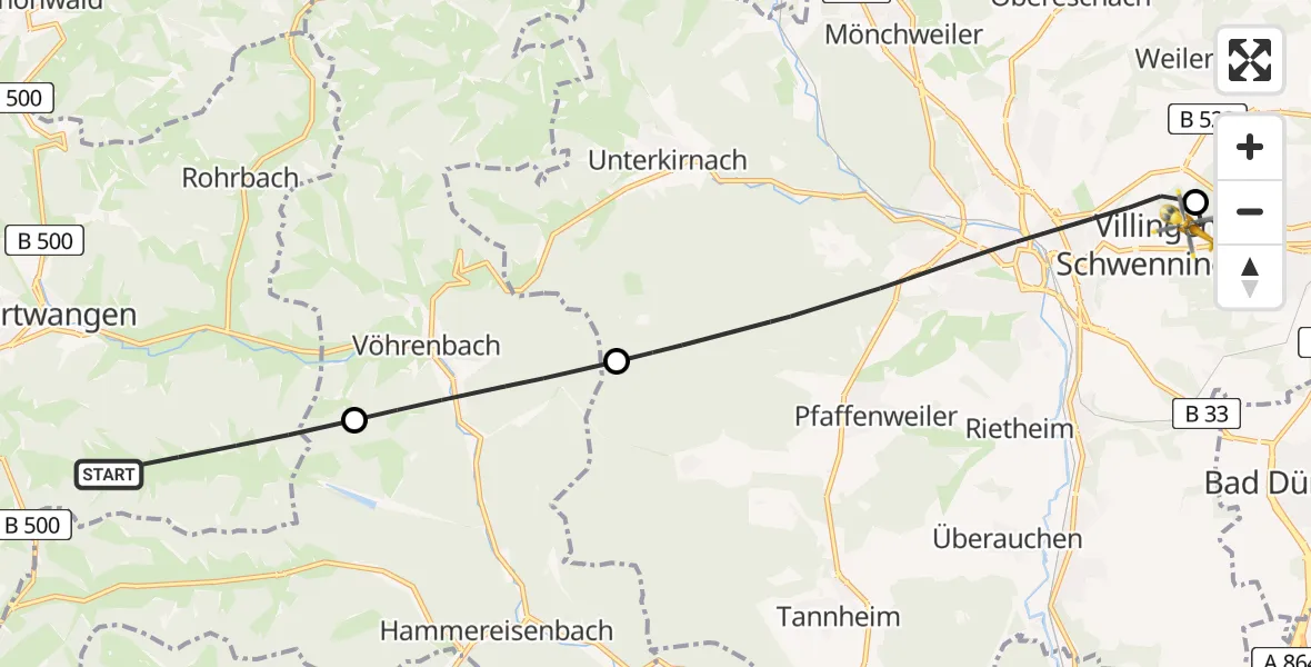 Flugroute Ambulanzhubschrauber Furtwangen im Schwarzwald - DRF Air Rescue Station Villingen-Schwenningen Hubschrauberlandeplatz (Christoph 11), 05 Juli 2026, 10:24