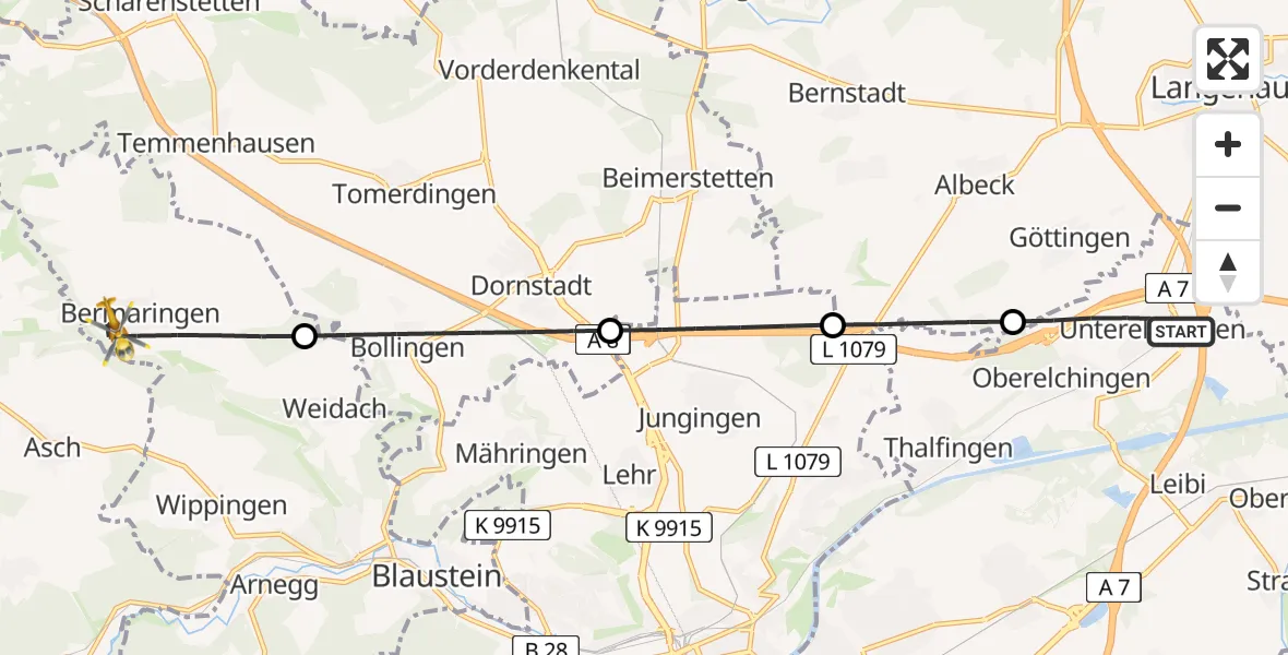 Flugroute Rettungshubschrauber Elchingen - Blaustein, 05 Juli 2026, 10:26