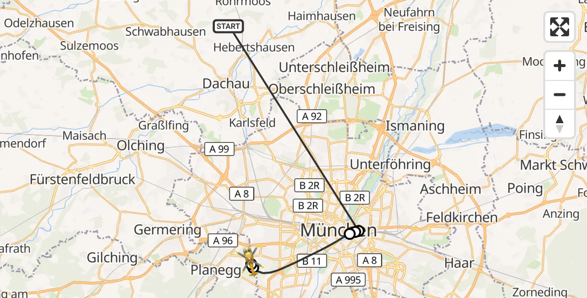 Flugroute Rettungshubschrauber Röhrmoos - DRF Air Rescue München Hubschrauberlandeplatz, 05 Juli 2026, 10:26