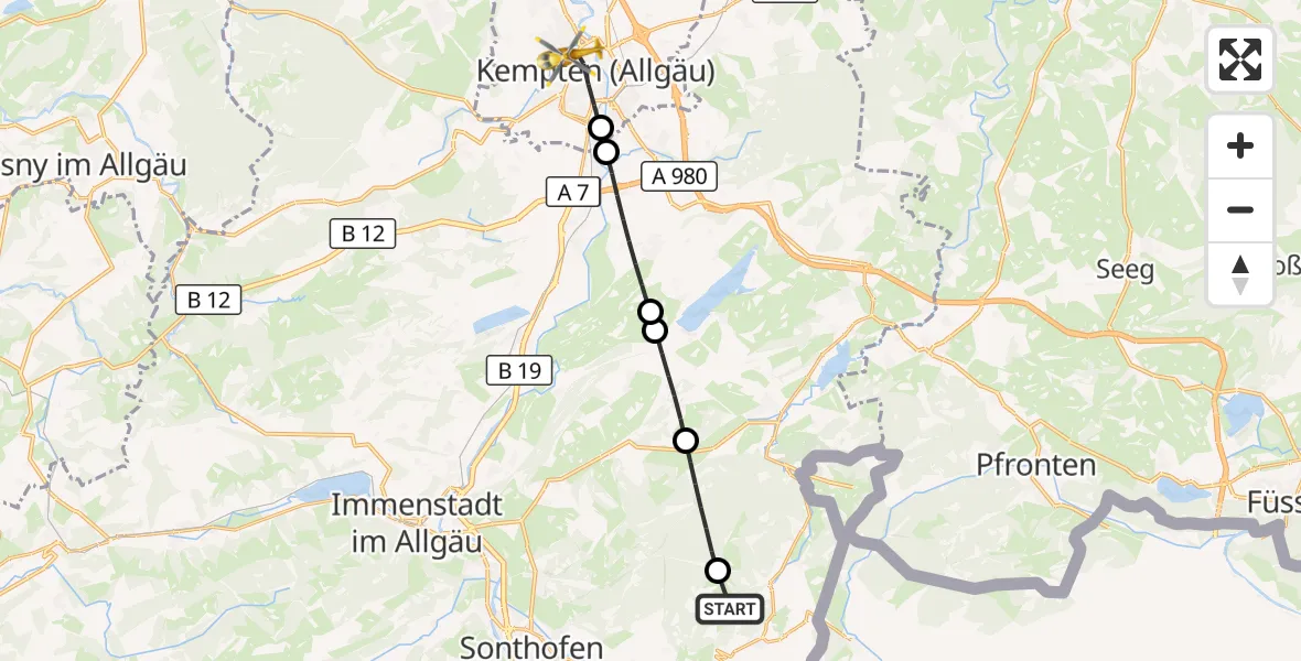 Flugroute Rettungshubschrauber Bad Hindelang - Kempten (Allgäu), 05 Juli 2026, 10:30