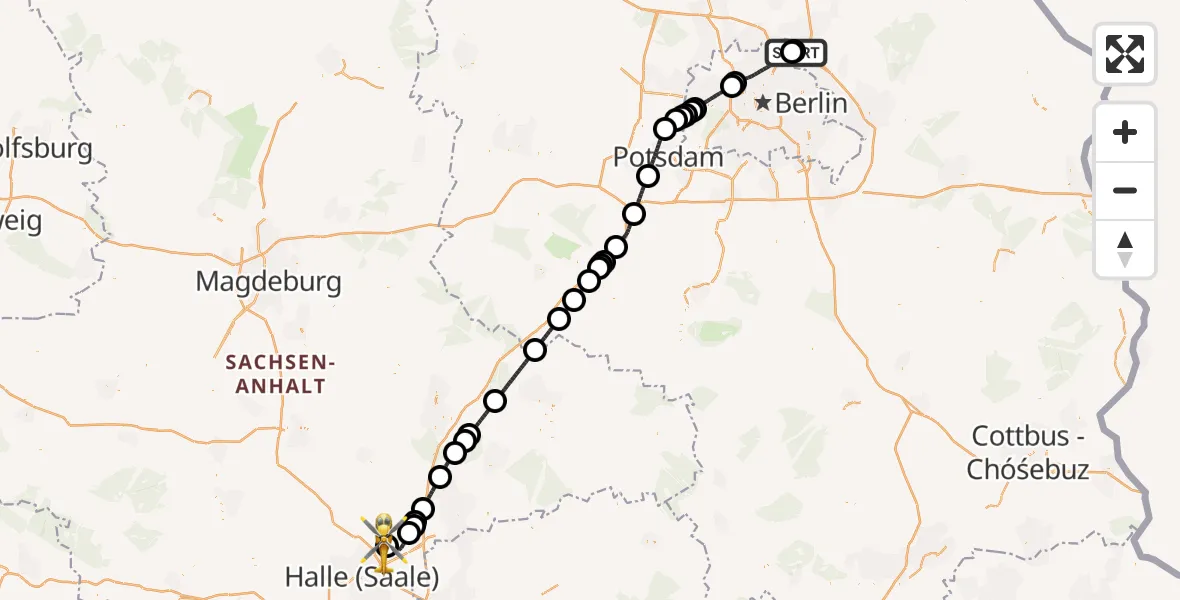 Flugroute Rettungshubschrauber Helios Clinic Berlin-Buch - Halle-Oppin Flugplatz, 05 Juli 2026, 10:32