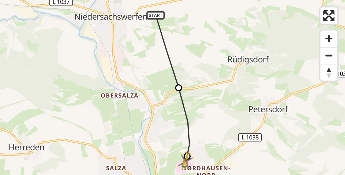 Flugroute Rettungshubschrauber Harztor - Südharz Hospital Nordhausen, 05 Juli 2026, 10:33