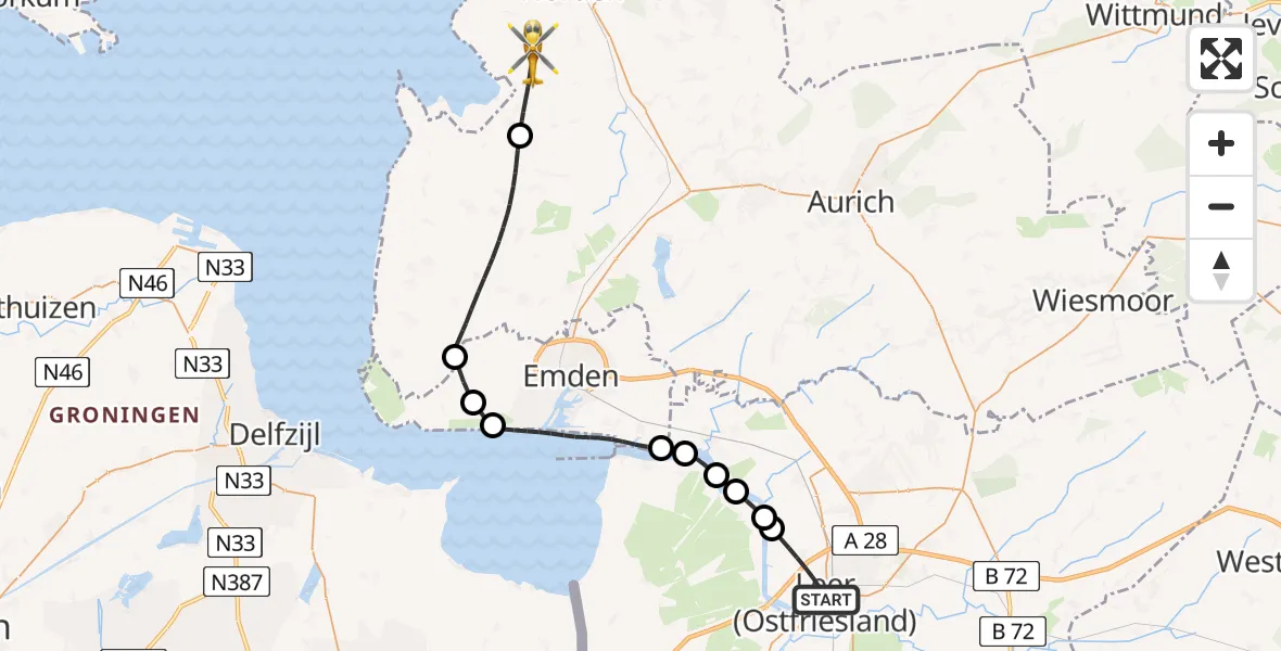 Flugroute Ambulanzhubschrauber Leer (Ostfriesland) - Norden, 05 Juli 2026, 10:36