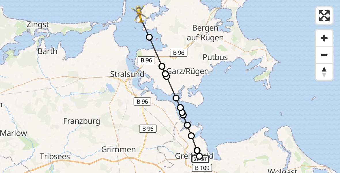 Flugroute Rettungshubschrauber Greifswald Hospital - Ummanz, 05 Juli 2026, 10:37