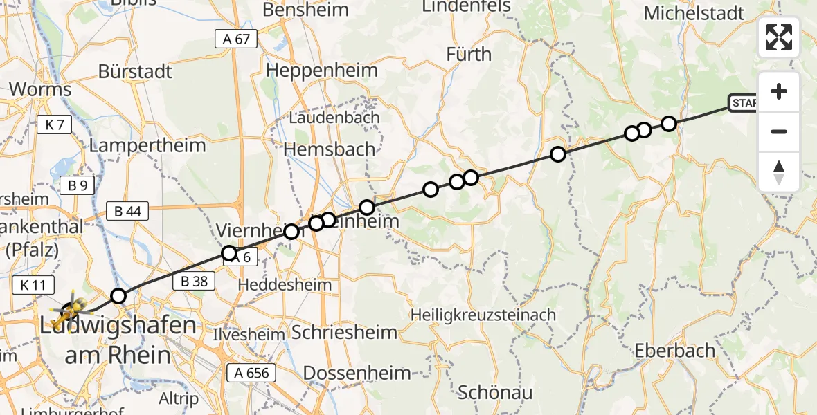 Flugroute Rettungshubschrauber Erbach - Ludwigshafen Accident Hospital, 05 Juli 2026, 10:38