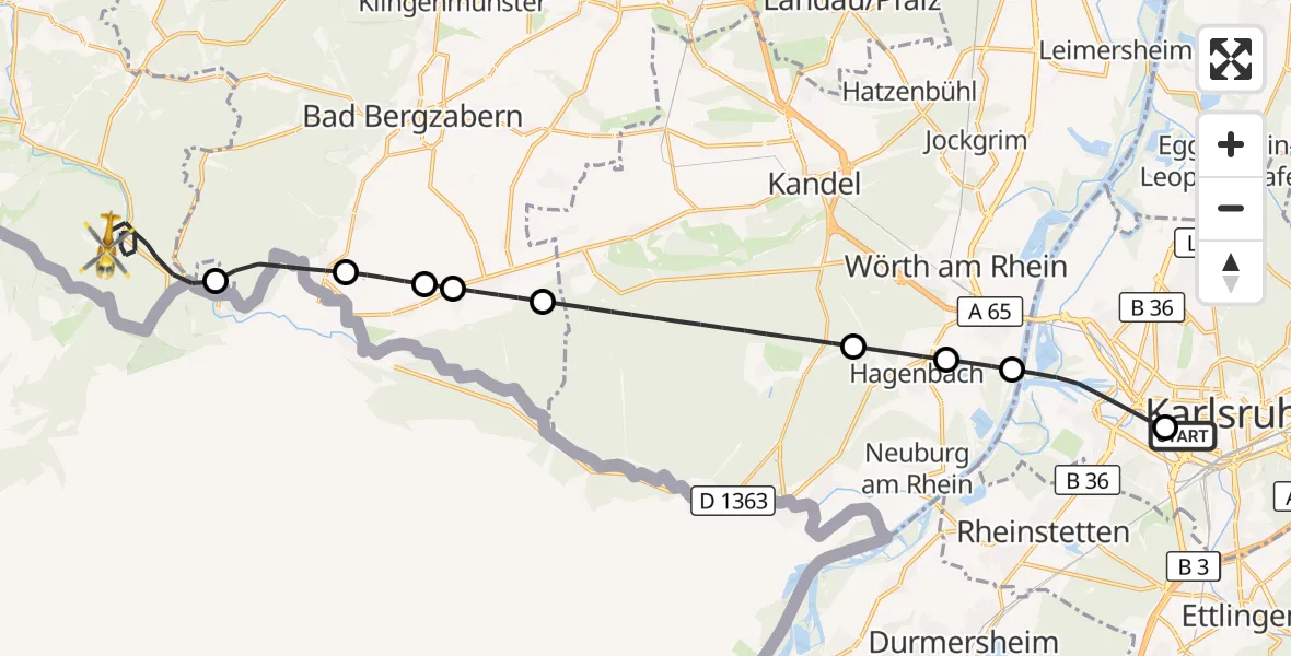Flugroute Ambulanzhubschrauber Sankt Vincentius Hospital - Bobenthal, 05 Juli 2026, 10:49