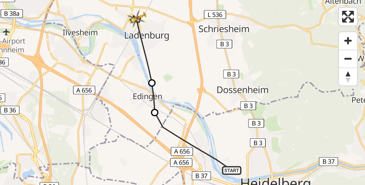 Flugroute Rettungshubschrauber Heidelberg - Ladenburg, 05 Juli 2026, 10:53