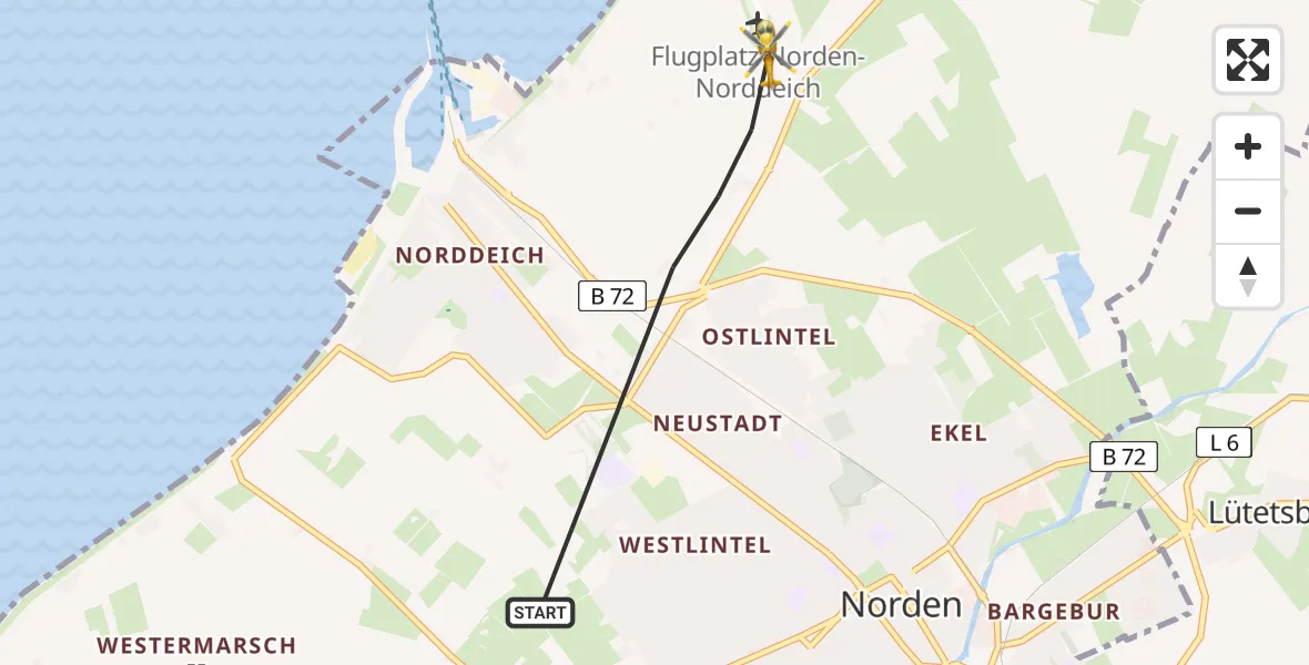 Flugroute Ambulanzhubschrauber Norden - Norden-Norddeich Flughafen, 05 Juli 2026, 10:53