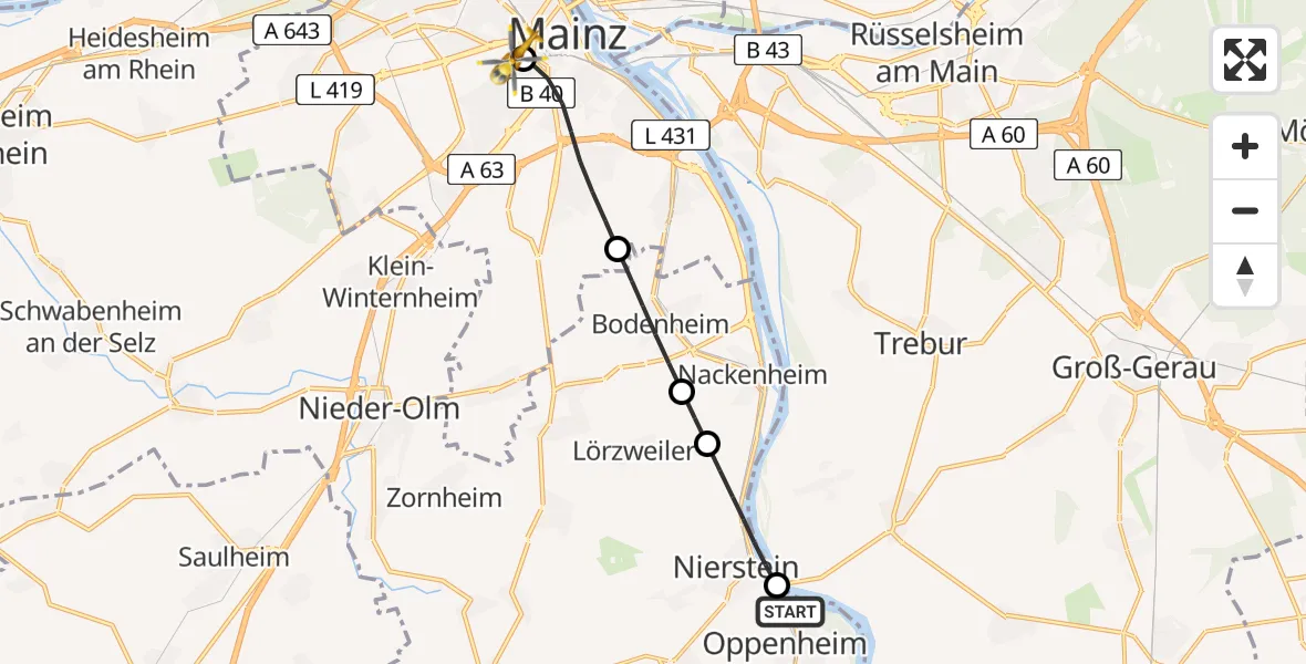Flugroute Rettungshubschrauber Oppenheim - Mainz University Hospital, 05 Juli 2026, 11:04