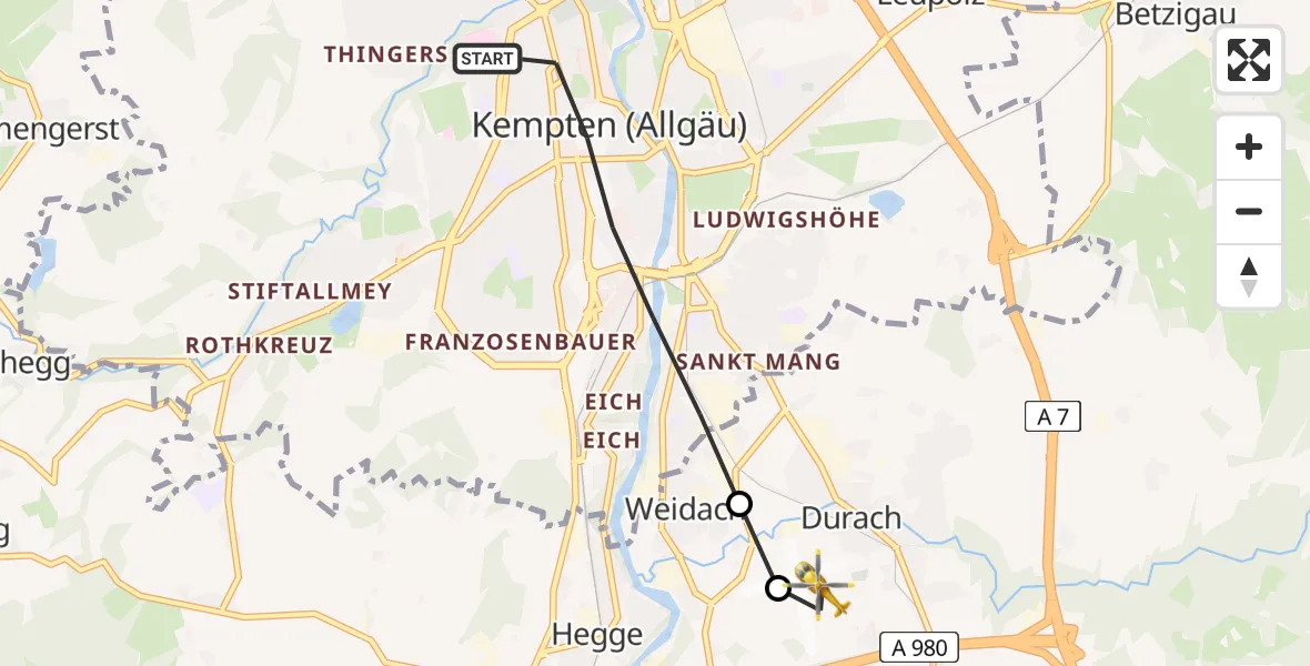 Flugroute Rettungshubschrauber Kempten (Allgäu) - Kempten-Durach Flugplatz, 05 Juli 2026, 11:07